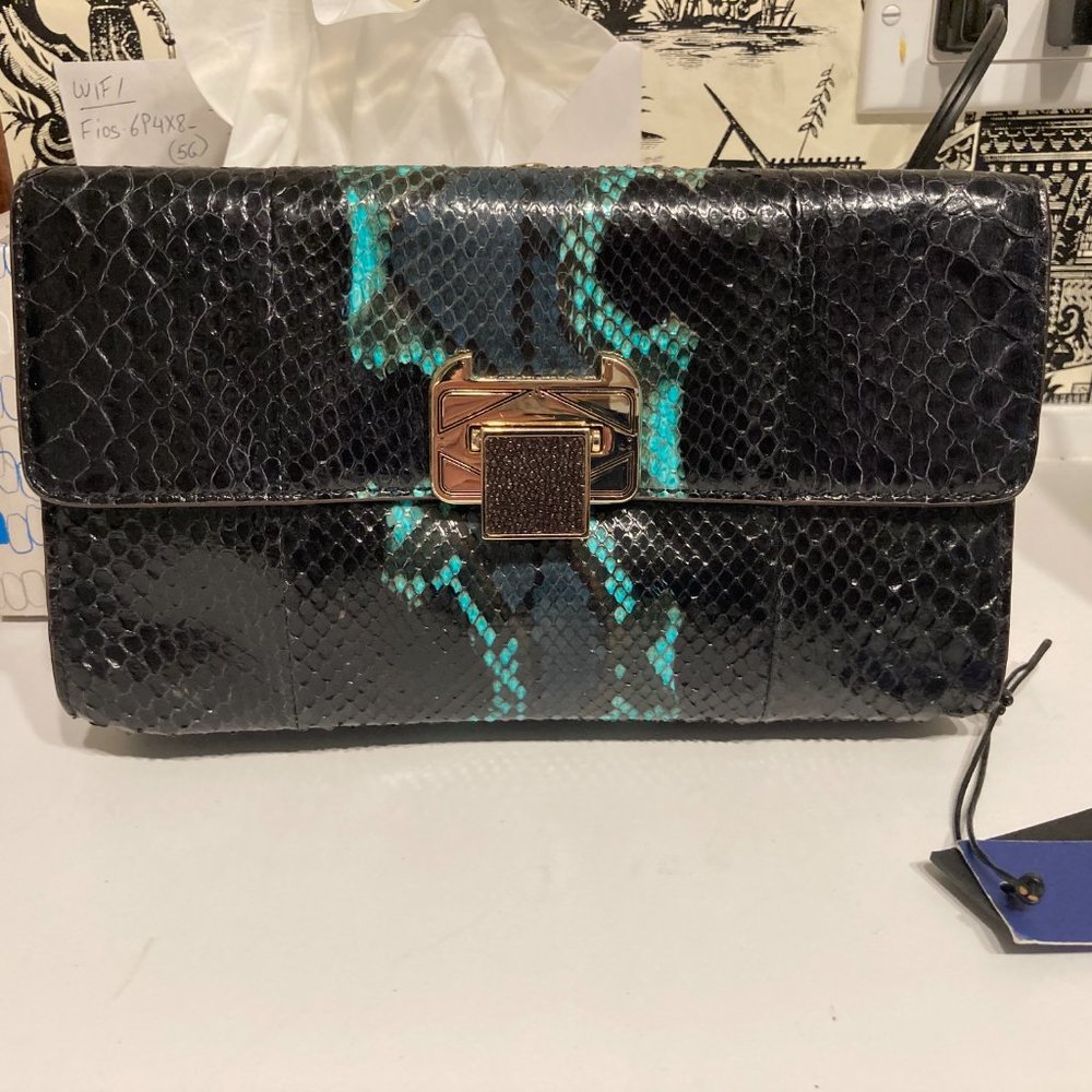NWT Rebecca Minkoff "The Coco Clutch" Black/Aqua Genuine Snakeskin
